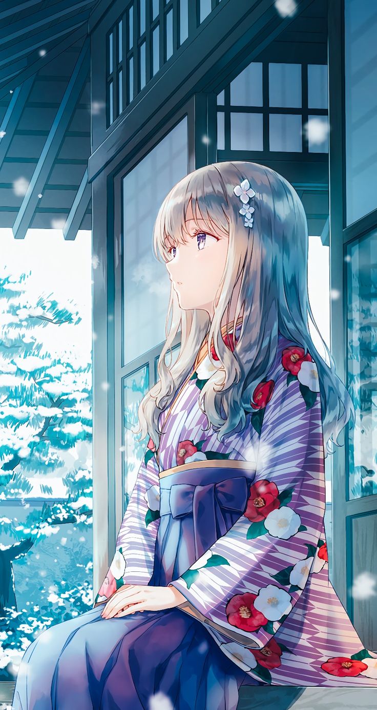 Anime Elf Sitting on Window Sill in Snowy Landscape