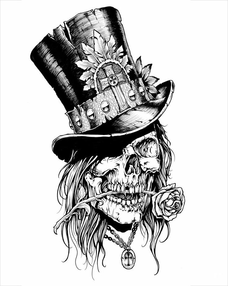 Skull Ink Drawing, Skull Top Hat Tattoo, Top Hat Tattoo, Skull Top Hat, Tattoo Fairy, Rabe Tattoo, Hat Tattoo, Skull Coloring Pages, Skull Top