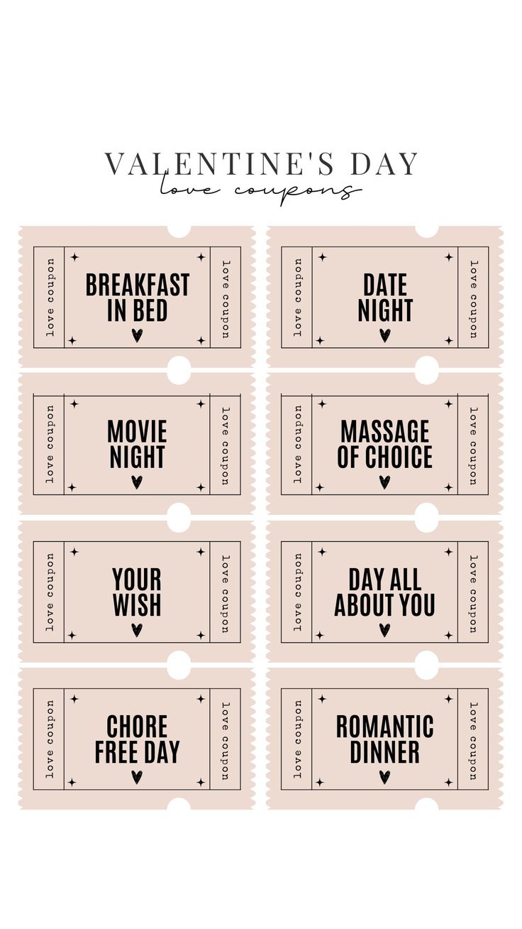 four valentine's day movie tickets with the words, date in bed and one for each