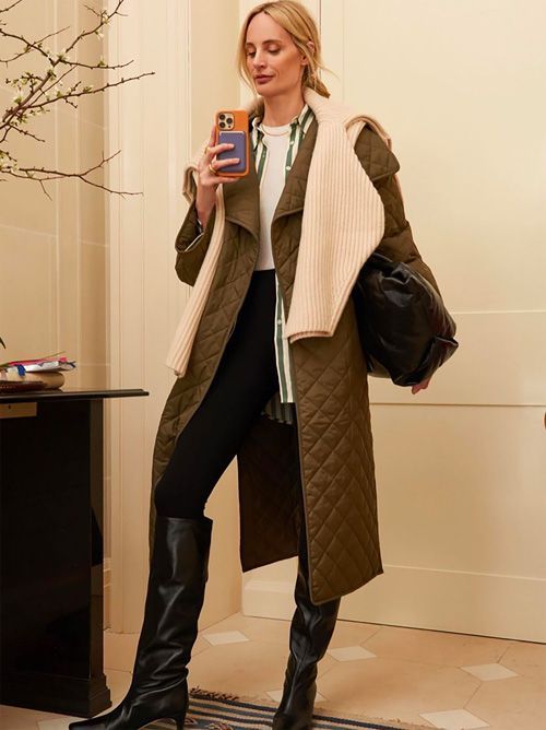 Lauren Santo Domingo Style, Lauren Santo Domingo, Signature Quilts, Knit Turtleneck Sweater, Quilted Coat, New York Fashion Week, Moda Operandi, Striped Shirt, New York Fashion