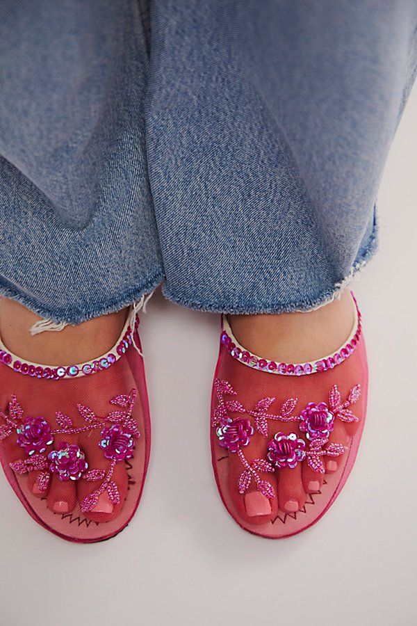 Slip into sweet style with these mesh mules, featuring sequin embellishments and floral motifs for an elevated touch. **Features:** Slip-on style, backless design, sheer mesh uppers, round toe, flat sole, sequin embellishments, beaded floral embroidery **Why We | Liberty Mesh Mules by FP Collection at Free People in Pink, Size: EU 36 Kawaii, Haute Couture, Pink Shoe Collection, Flat Cowboy Boots, Mesh Slippers, Mesh Sandals, Sequin Shoes, Mesh Flats, Flat Beads