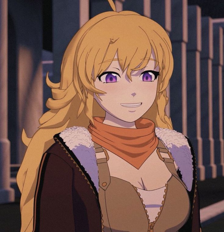 an anime character with long blonde hair and purple eyes, wearing a brown jacket and scarf