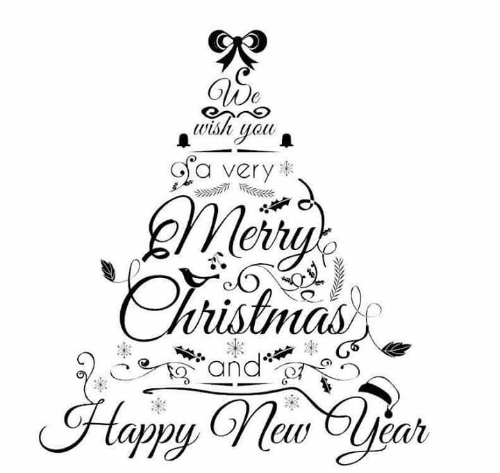 a merry christmas tree with the words happy new year written in black on white paper