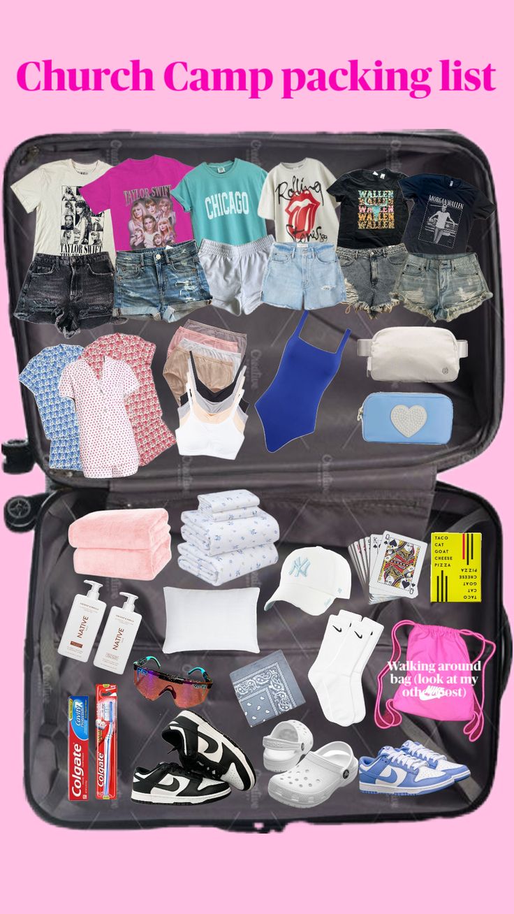 an open suitcase filled with clothes and other items on top of a pink background text reads church camp packing list