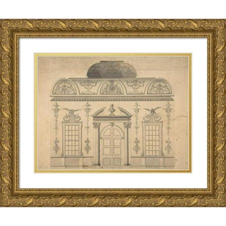 a drawing of a building with windows and arches on the front, in a gold frame