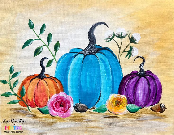 an acrylic painting of pumpkins and flowers