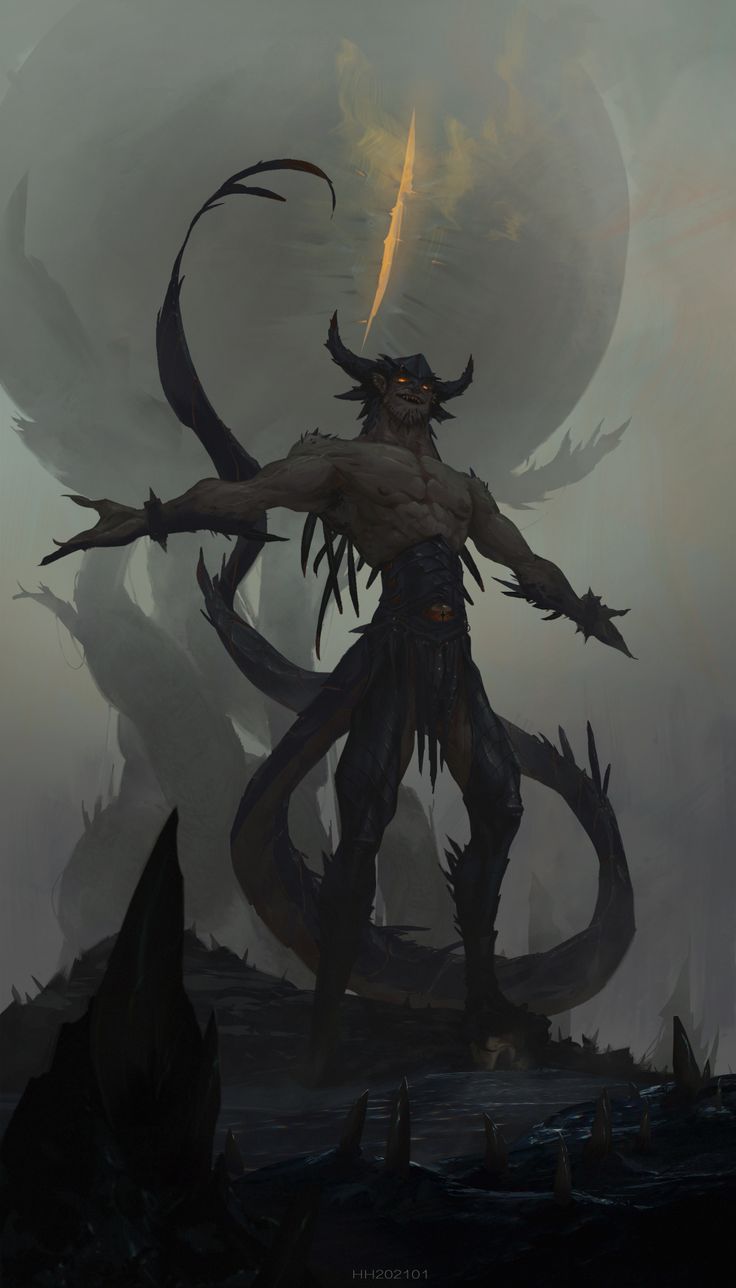 a demonic creature standing in the middle of a forest with large horns on it's head