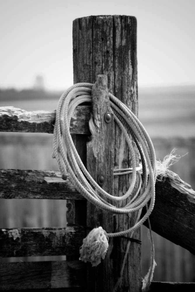 an old rope tied to a wooden fence