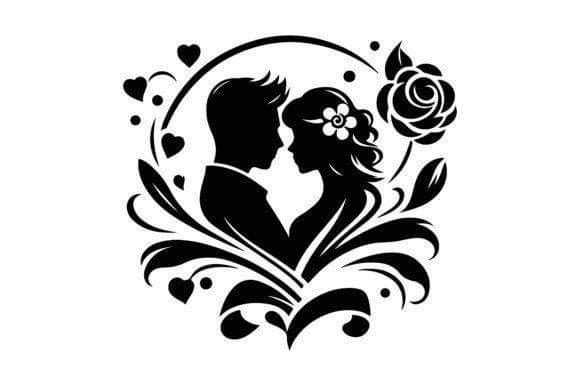 a silhouette of a couple kissing in front of a flower and heart design on a white background