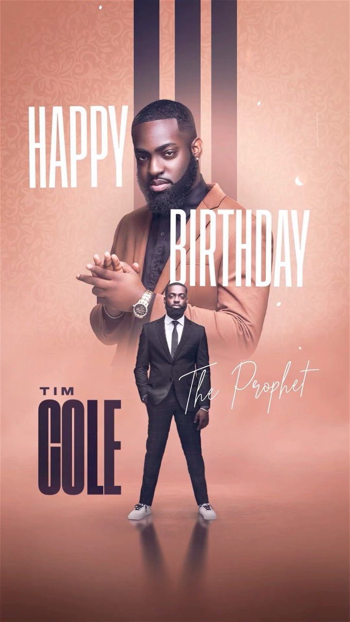 a man in a tuxedo standing next to a pink background with the words happy birthday