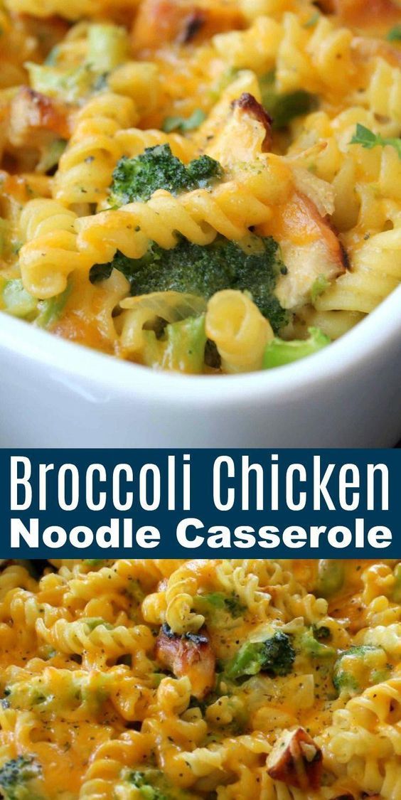 broccoli chicken noodle casserole in a white bowl with the title above it