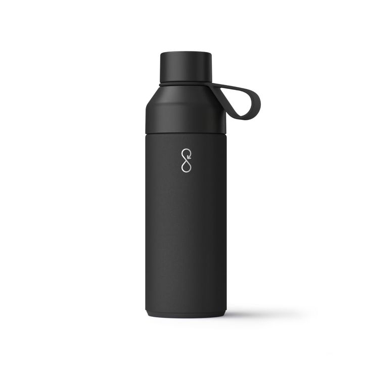 thermos bottle is black and has a white number 8 on it's side