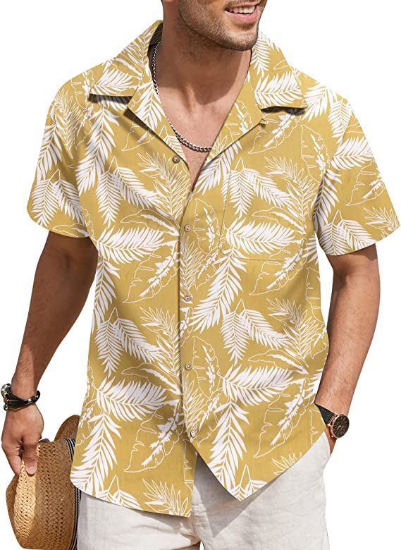 COOFANDY Men Floral Cotton Shirts Front Pocket Short Sleeve Casual Summer Shirts at Amazon Men’s Clothing store Shirt Outfit Men, Tropical Fashion, Floral Hawaiian Shirt, Tropical Shirts, Linen Shirt Men, Women Beach, Men's Button Down Shirt, Beach Shirts, Summer Flowers