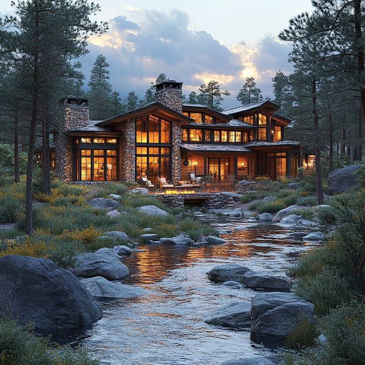 a large house sitting on top of a lush green hillside next to a river and forest