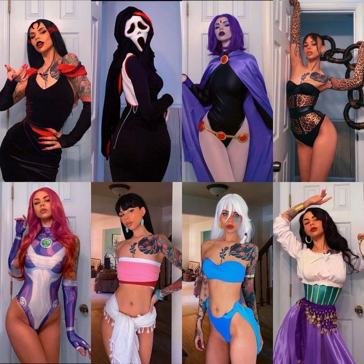 six photos of women dressed in costumes and bodysuits, all wearing different outfits