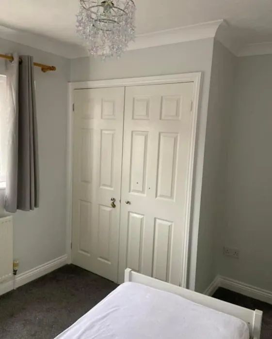 a bedroom with a white bed and gray carpeted flooring next to a window