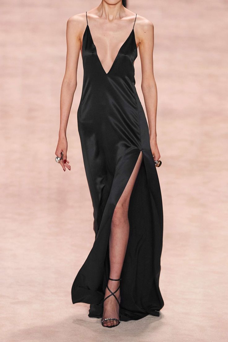 Black Dress Prom Silk, Black Long Slip Dress Outfit, Stain Backless Dress, Black Long Silk Dress, Silk Dress Runway, Black Long Slip Dress, Pragmatic Utopia, Matric Dress, Open Back Jumpsuit