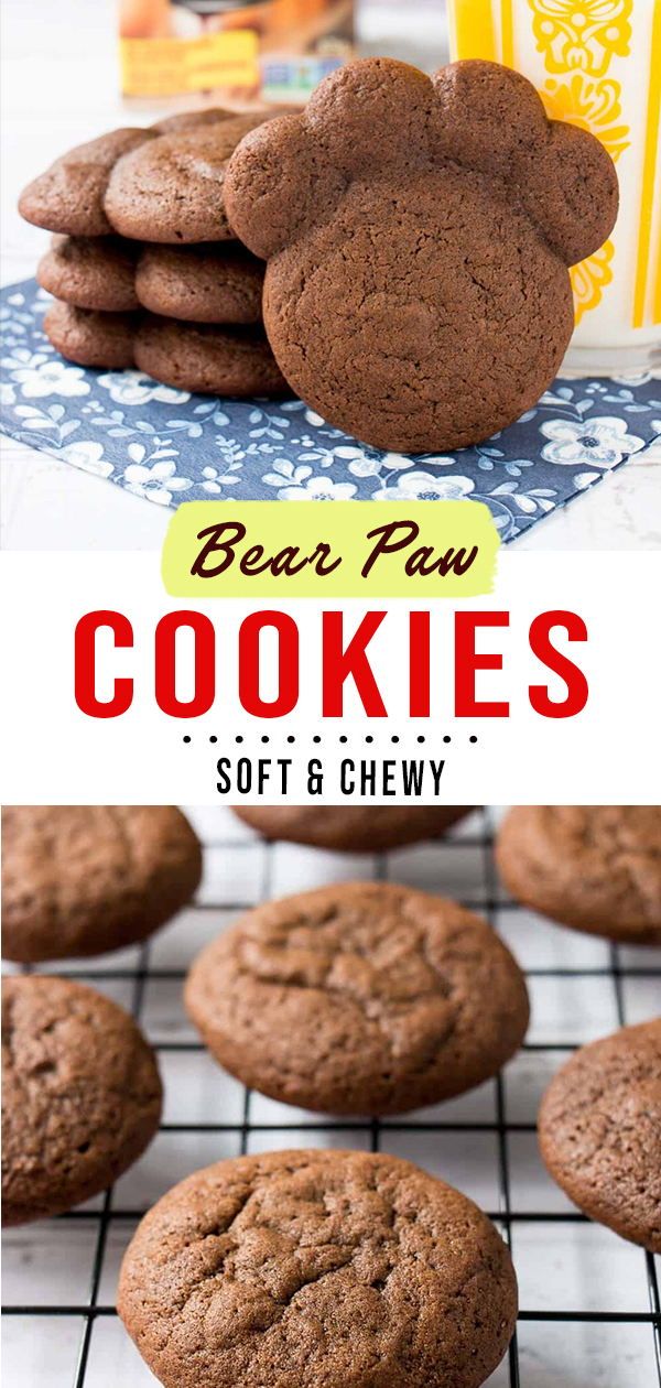 chocolate cookies are cooling on a rack with the words, bear paw cookies soft & chewy