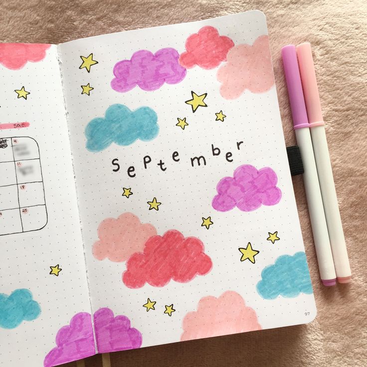 september cloud and stars bullet journal theme #bujo #bujoideas #bulletjournal #bulletjournaling #bulletjournalideas Cover Of Journal Ideas, Simple Bullet Journal Themes, Simple Bujo Themes, September Journal Cover, September Journal Ideas, Journal Month Page, Simple Journal Ideas, Cloud Journal, Bujo Theme Ideas