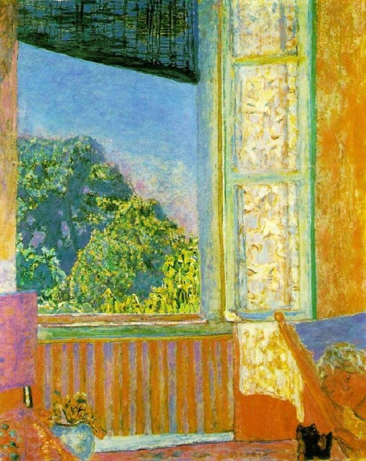 a painting of a bedroom with a cat sitting on the bed in front of an open window