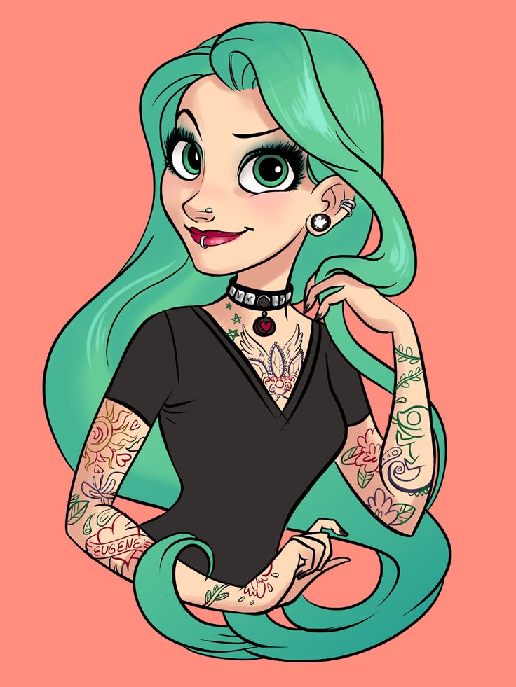 a drawing of a girl with green hair and tattoos on her arm, wearing a black dress