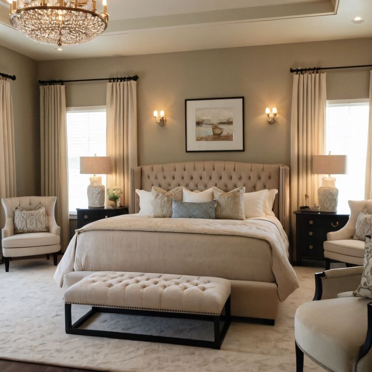 a large bed sitting in the middle of a bedroom next to two chairs and a chandelier