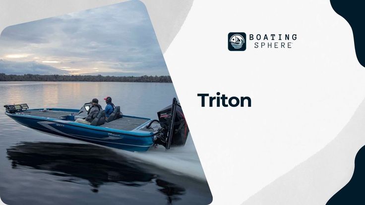 two people on a blue and white boat in the water with text reading boating sphere triton