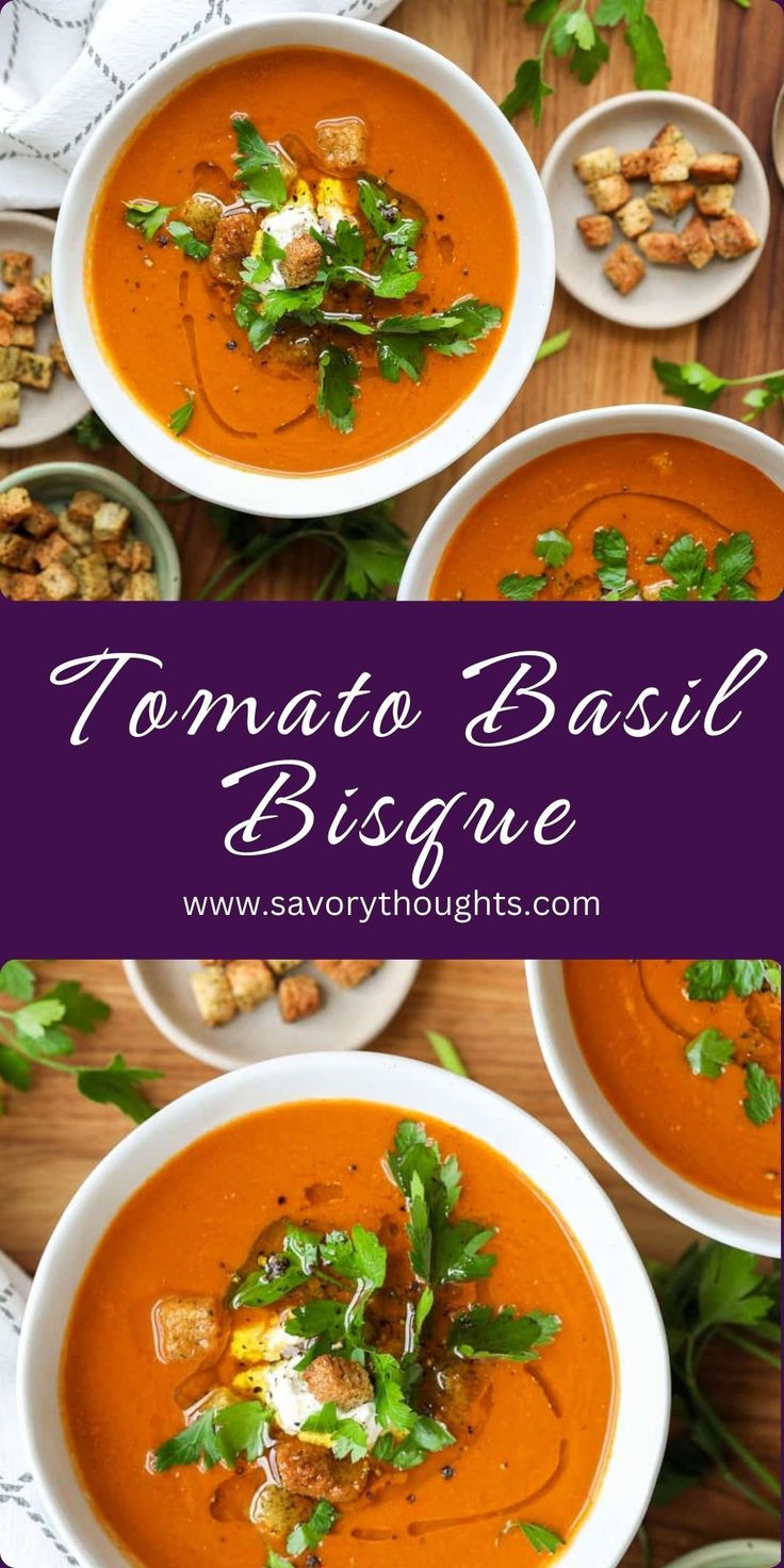 Tomato Basil Bisque in two bowls. Homemade Tomato Basil Soup, Tomato Basil Bisque, Tomato Bisque Soup, Vegan Thanksgiving Dinner, Easy Cheap Dinner Recipes, Bisque Soup, Quick Pasta Recipes, Bisque Recipe, Tomato Bisque