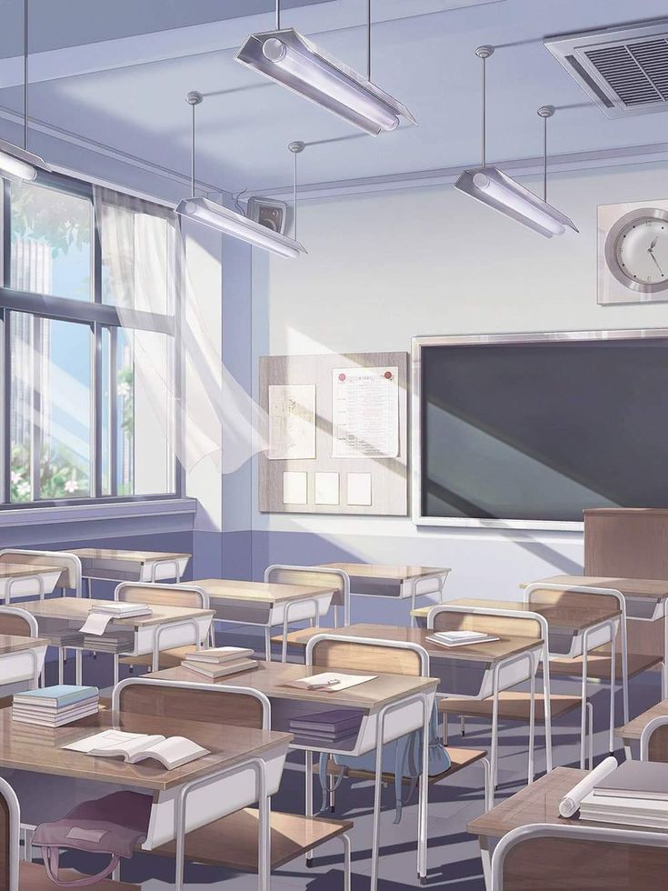 an animated image of a classroom with desks and chairs