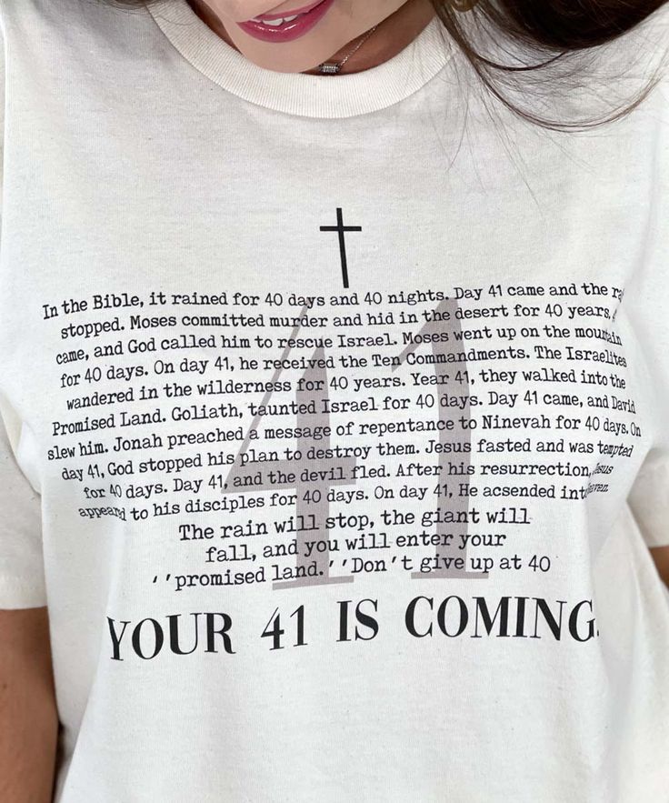 Introducing our "Your 41 Is Coming Graphic Shirt," a meaningful and inspirational addition to your faith-based wardrobe. Available in sizes YXS through 5XL, this natural-colored shirt features the encouraging phrase "Your 41 Is Coming," accompanied by stories from the Bible that highlight the significance of the number 41 and the good things that come with it. Crafted from high-quality, soft materials, this shirt ensures all-day comfort, making it perfect for church services, Bible study groups, spiritual gatherings, or casual wear. The "Your 41 Is Coming Graphic Shirt" serves as a reminder of faith, positivity, and perseverance, drawing inspiration from biblical events where the number 41 marked a time of breakthrough and blessings. Celebrate your faith and encourage others not to give up Encouraging Phrases, Bible Shirts, Bible Journal Notes, Spiritual Shirts, Christian Post, Bible Study Group, Scripture Reading, Scripture Art, Faith Based