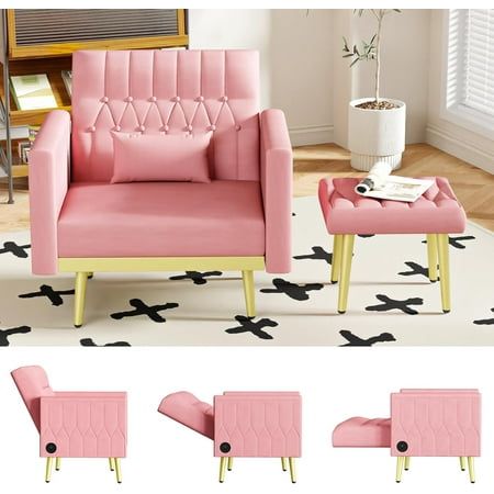 a pink chair and footstool sitting on top of a rug