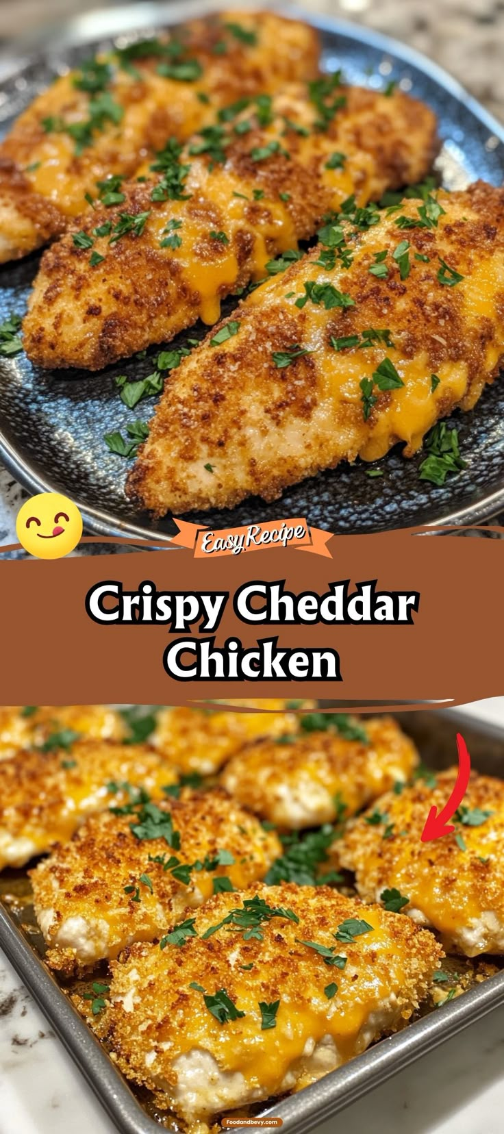 crispy cheddar chicken is shown in two separate pans with the same topping