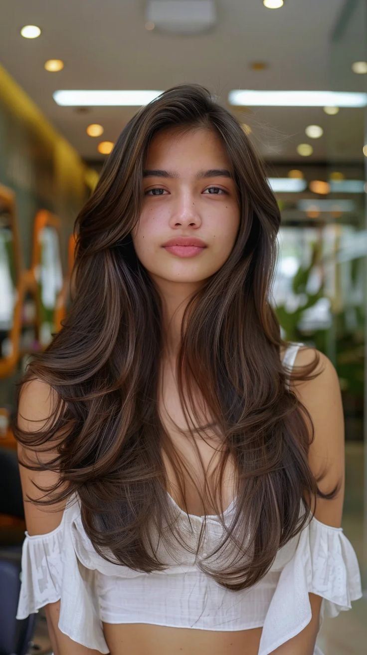 Long Hair Layers Volume Face Framing, Face Framing Haircut For Long Hair Brunettes, Face Frame Side Part, Oval Face Haircuts Side Part, Layers With A Side Part, Haircuts To Make Your Hair Look Thicker, Small Face Framing Layers, Front Layers Long Hair Side Part, Long Hairstyles No Layers