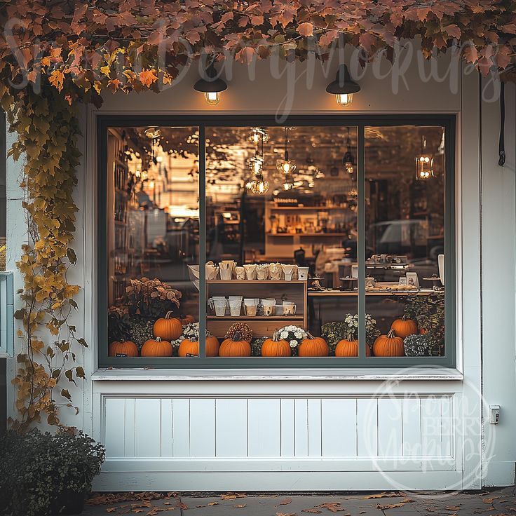 a store front with pumpkins in the window