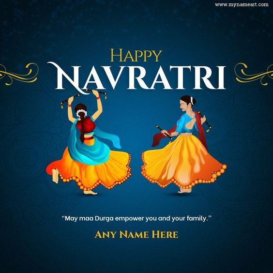 happy navratiri greeting card with two women in colorful dresses dancing on blue background