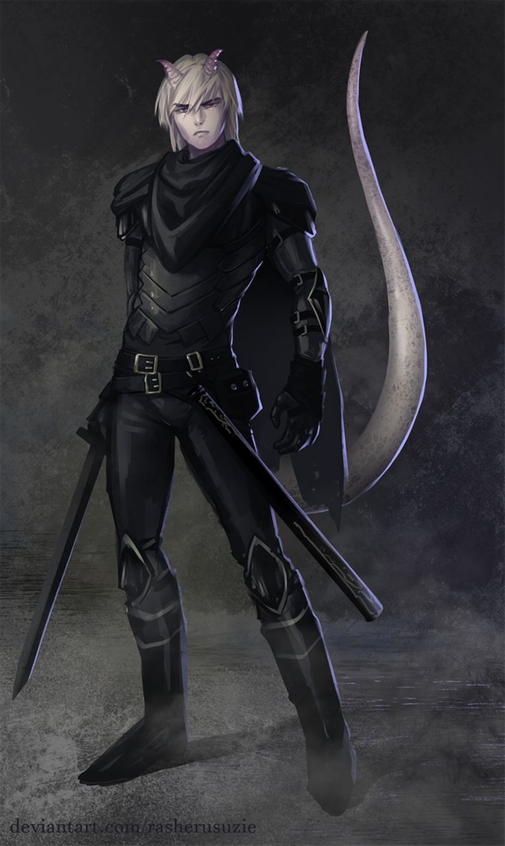 the character is dressed in black and has horns on his head, holding two swords