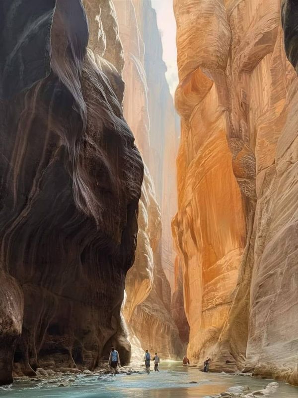 two people are walking through the narrow canyons in wading and swimming on the water