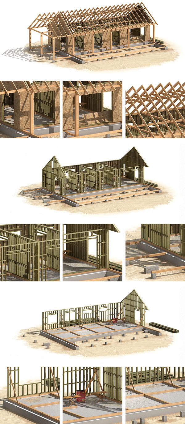 several different views of a house being built in the process of construction, including framing and roofing