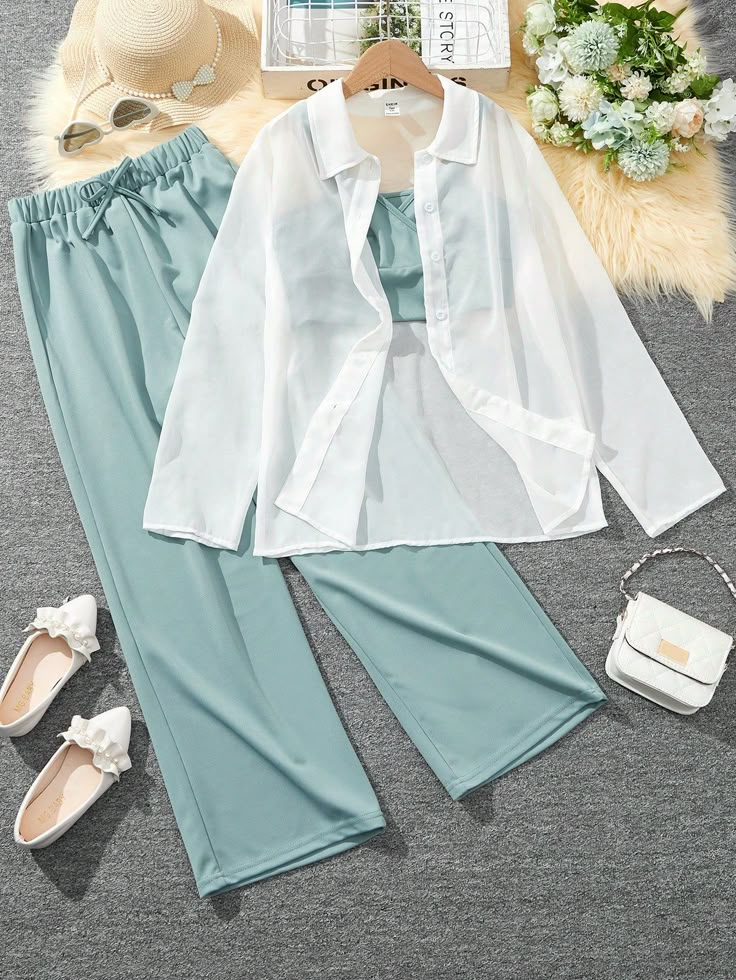 Green Casual Collar   Colorblock,Plain  Embellished Non-Stretch  Teen Girls Clothing Cute Summer Tops For Teens, Pants Crop Top Outfit, Summer Crop Top Outfits, Pretty Lace Dresses, Crop Top And Pants, Korean Summer Outfits, Shirt Crop Top, Bath Ball, Casual Outfits For Teens