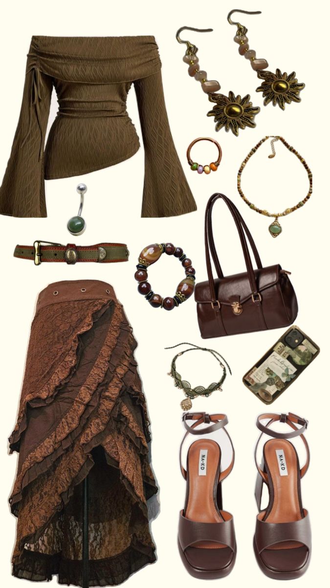 Earthy Spiritual outfit green brown hippie boho skirt crop top heels jewelry earrings Mode Hippie, Skirt Crop, Earthy Outfits, Estilo Hippie, Bag Jewelry, Hippie Style Clothing, Boho Skirt, Shirt Bag, Boho Skirts