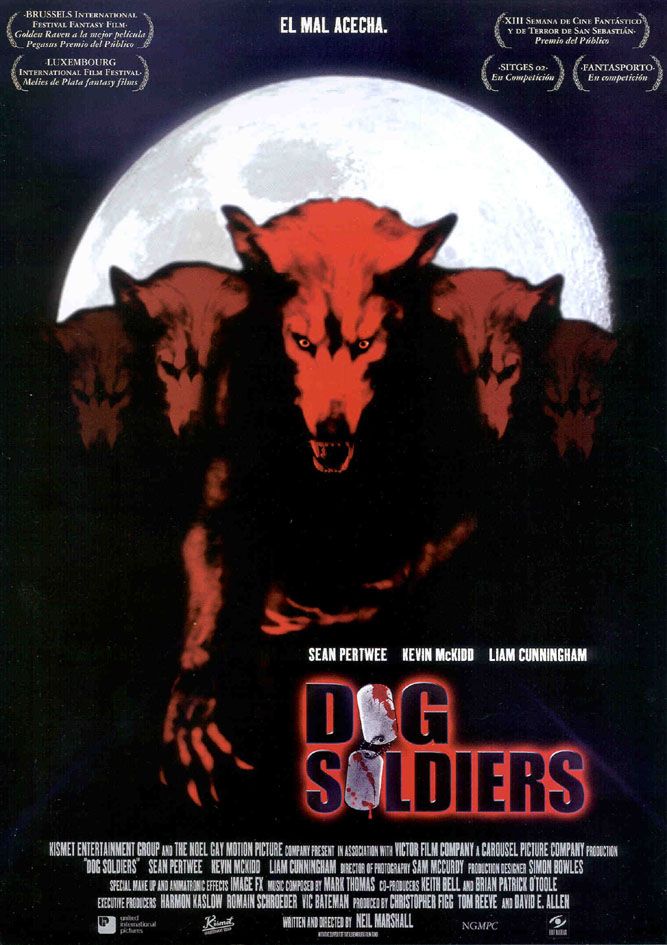 the movie poster for dog soldiers with three wolfs in front of a full moon