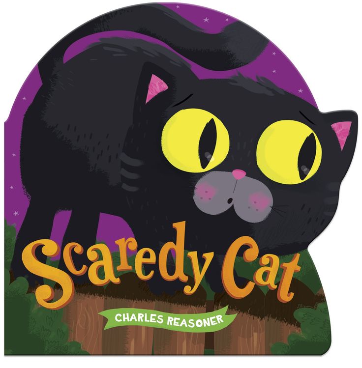 a black cat with yellow eyes and the words scared cat on it