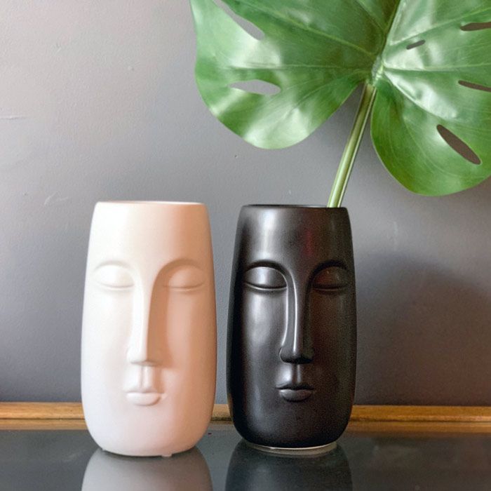 two vases with faces on them sitting next to a large green plant in front of a gray wall