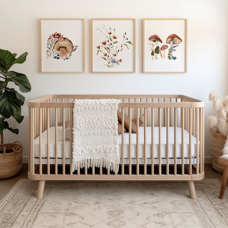 a baby's crib with three paintings on the wall