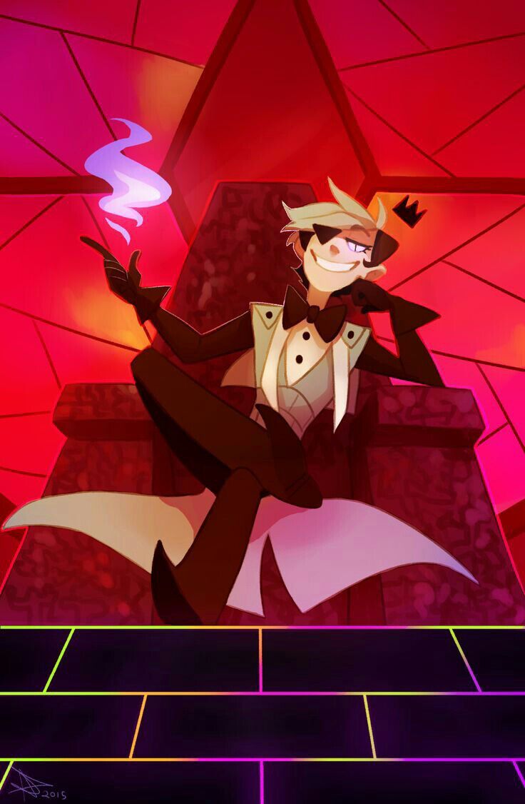 an animated character sitting on top of a chair in front of a red background with neon lights