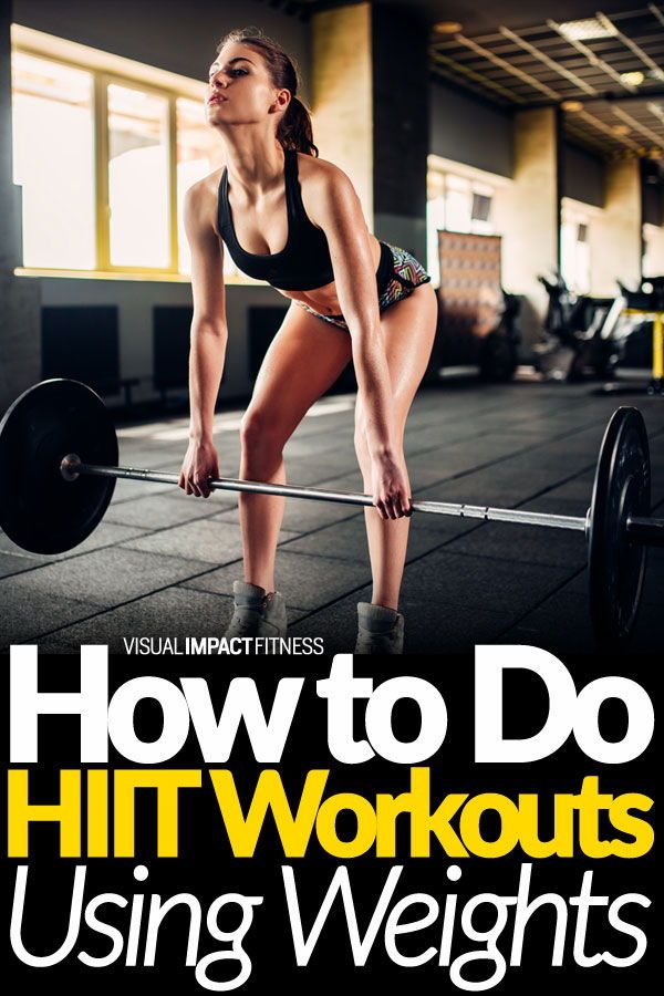 a woman squats on a barbell with the title how to do hi - workouts using weights