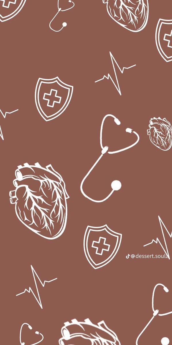 a brown background with white medical symbols