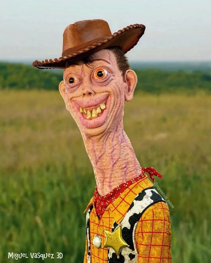 a cartoon character wearing a cowboy hat in a field