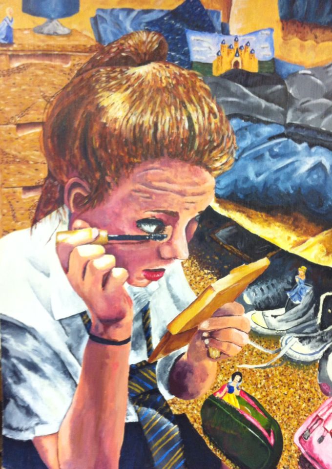 a painting of a boy holding a banana and looking at his cell phone while sitting on the floor