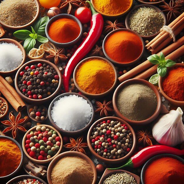 various spices and herbs are arranged in bowls on the table, including pepper, cinnamon, garlic, turmrote, anchominh